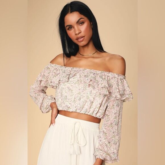 Lulus Tops - Lulu's Teddi Blush Pink‎ Floral Print Ruffled Off the Shoulder Crop Top Small